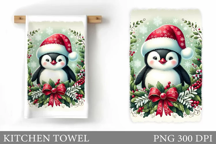 Cute Penguin Kitchen Towel. Christmas Kitchen Towel Design