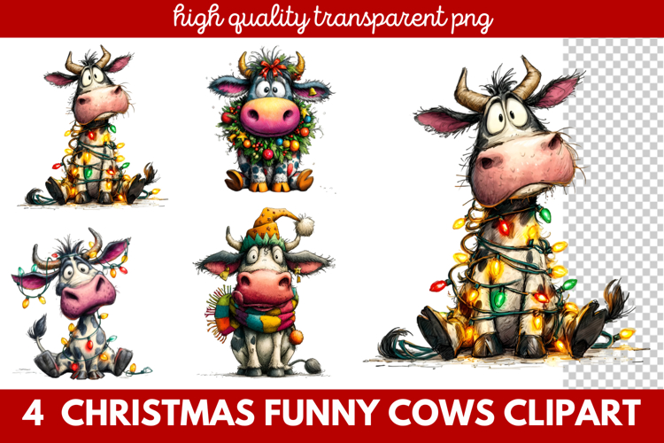 Funny Christmas Cows Clipart | Cute Holiday Farm Animal