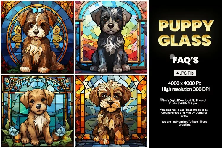Puppy Stained Glass Square Coaster - 04 Variations