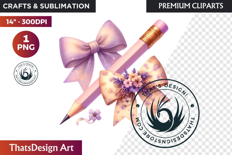 Pastel Coquette Pencil bow Clipart Girly School Supplies
