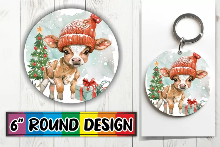 Holiday Watercolor Animals Keychain Round Design