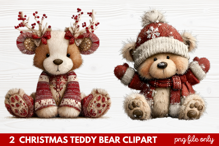 2 Christmas Teddy Bear Clipart | Cute Holiday Bear PNG Illus