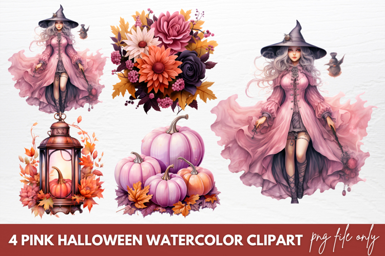 Pink Halloween Watercolor Clipart