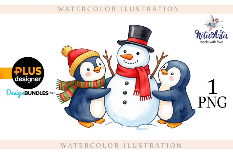 Christmas Penguins in Watercolor Style