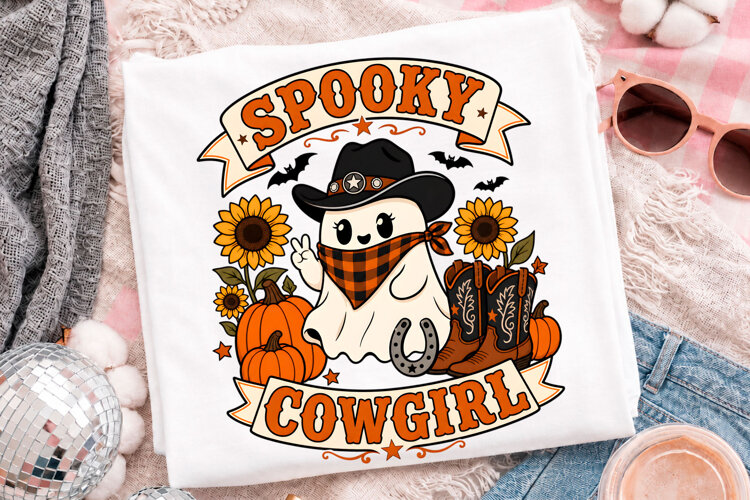 Spooky Cowgirl Ghost Halloween T-Shirt Design With Pumpkin example image 1