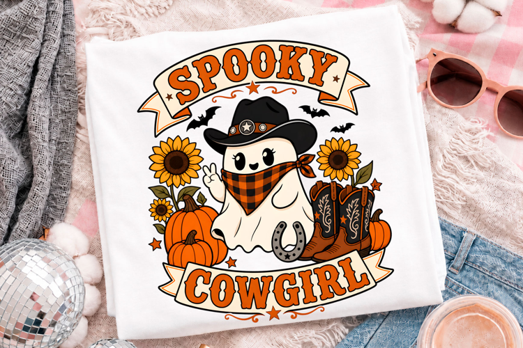 Spooky Cowgirl Ghost Halloween T-Shirt Design With Pumpkin