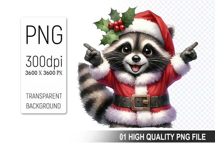 Christmas Raccoon in Santa Outfit Clipart, High-Quality PNG
