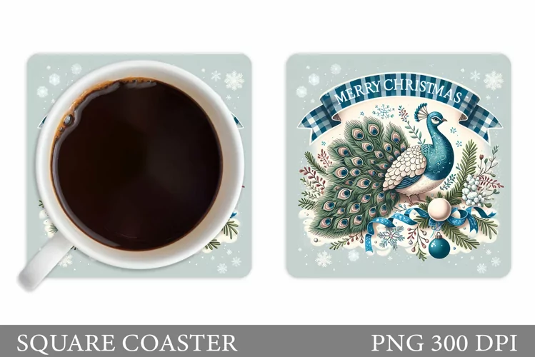 Christmas Peacock Coaster. Christmas Coaster Sublimation