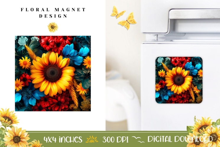 Flowers Magnet Template, Colorful Sunflowers Magnet Print