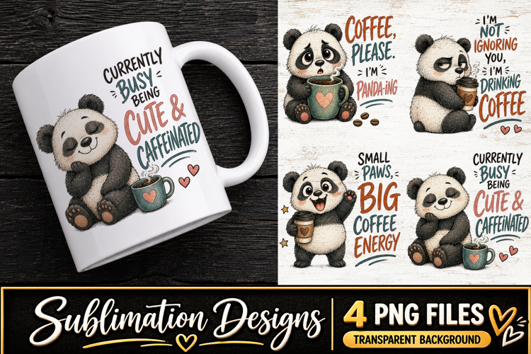 Cute Panda Coffee Clipart Sublimation PNG