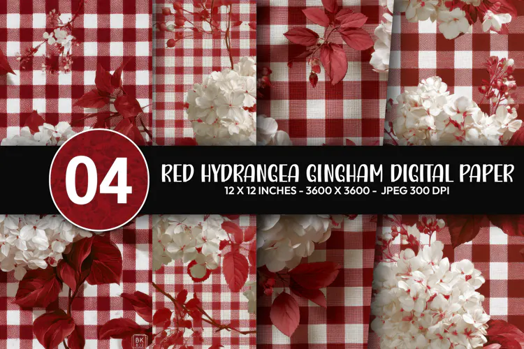 Red Hydrangea Gingham Digital Paper
