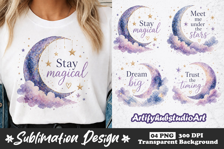 Moon Quote Sublimation PNG Designs | Celestial Watercolor example image 1