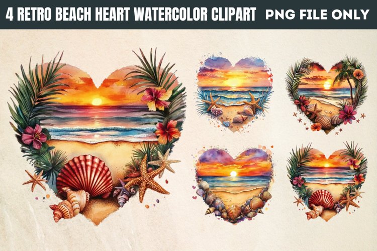 Retro Beach Heart Watercolor Clipart PNG