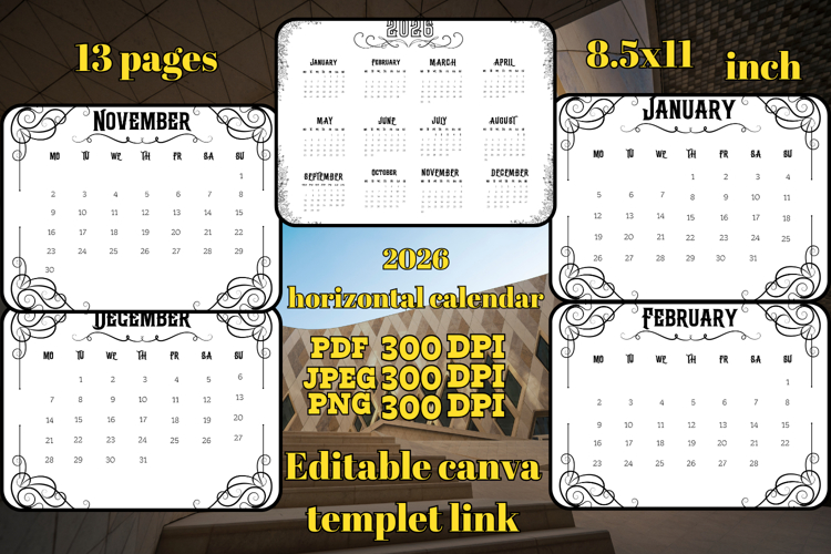 editable 2026 horizontal Calendar with frame template