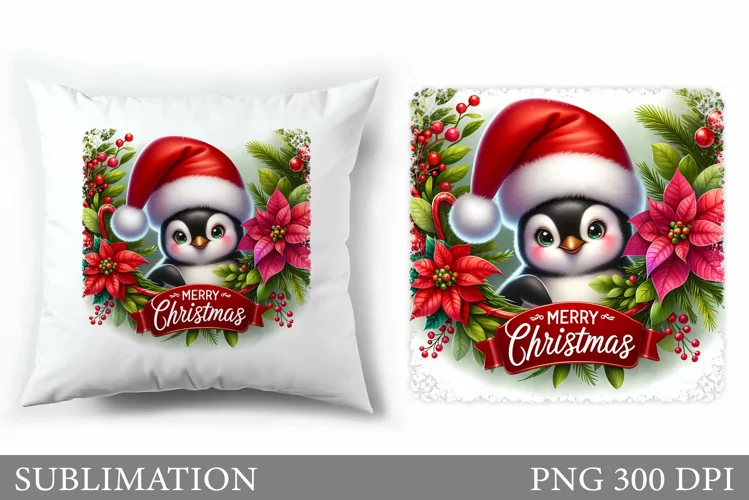 Cute Penguin Pillow Design. Christmas Pillow Sublimation