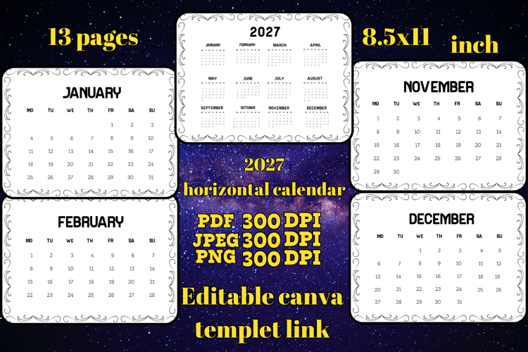 2027 horizontal Calendar with frame