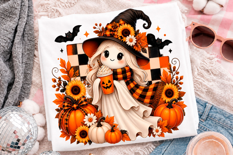 Cute Halloween Witch Ghost Pumpkin Fall Season T-Shirt Desig
