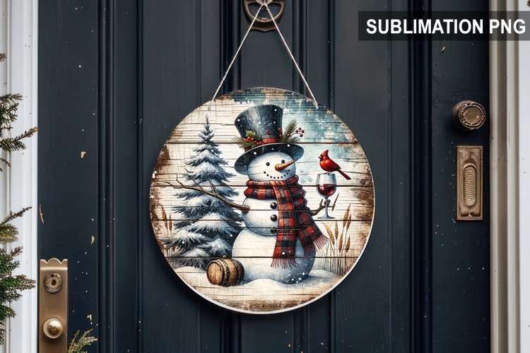 Blue Plaid Snowman Round Sign | Round Sublimation Design PNG