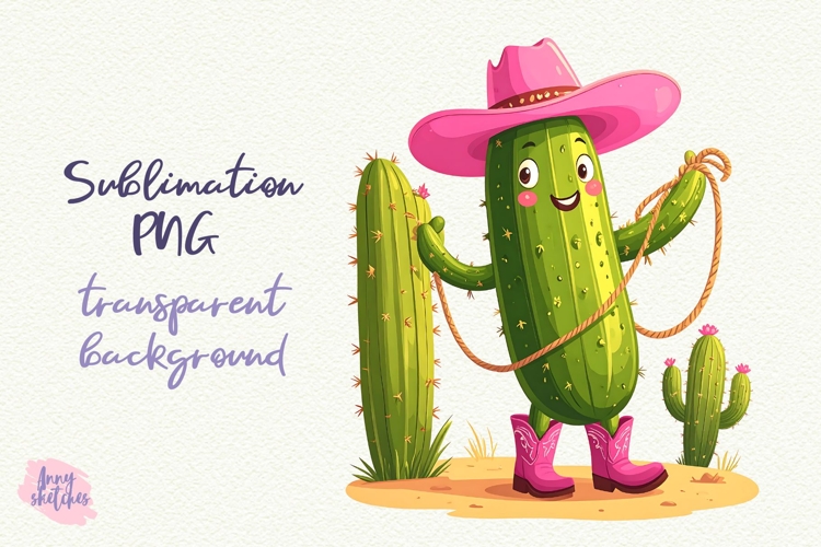 Funny Pink Cowboy Cactus Sublimation Design Kawaii Cacti