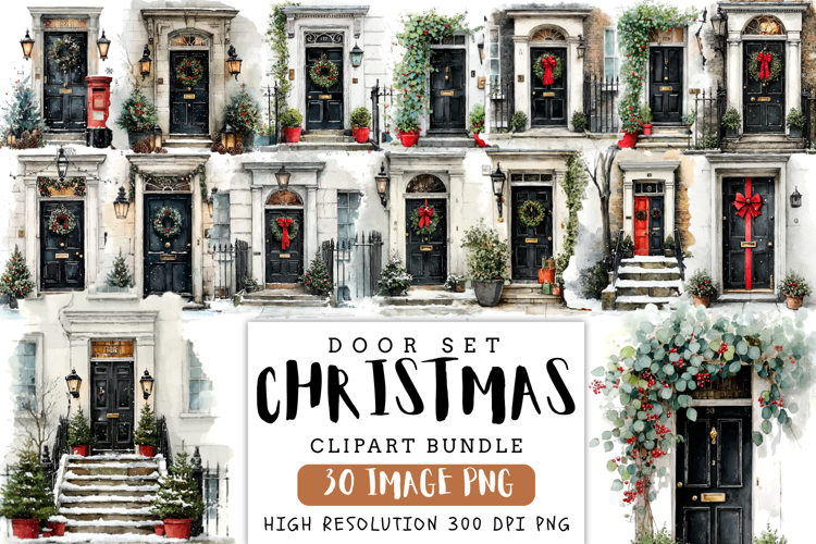 Christmas Door Clipart Set Bundle | Cute Holiday Door PNG