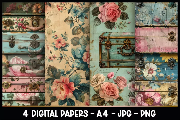 4 Vintage Floral Digital Papers I Junk Journal Page