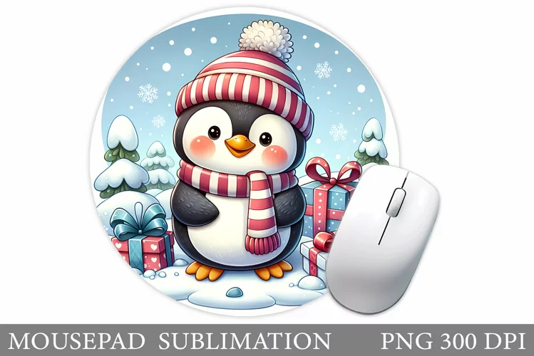 Cute Penguin Mouse Pad. Christmas Mouse Pad Design