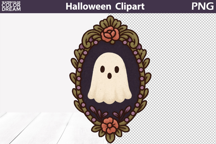 Vintage Ghost Halloween Clipart | Floral Frame PNG