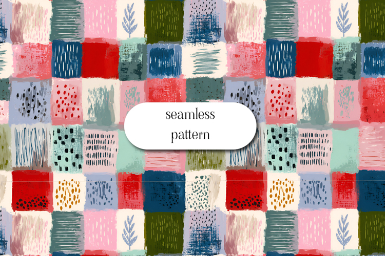 Abstract patchwork seamless pattern colorful brush blocks