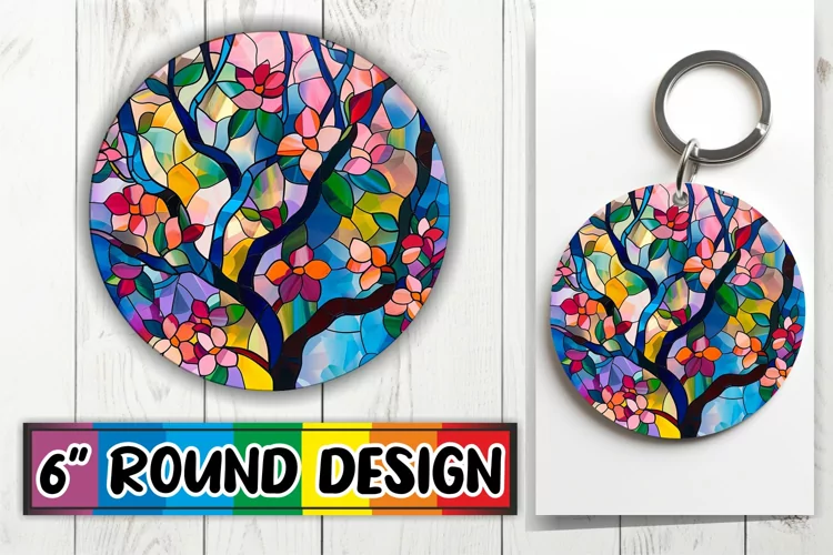Colorful Stained Glass Tree Keychain Round Design