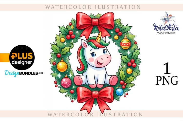 Christmas Unicorn Watercolor Illustration