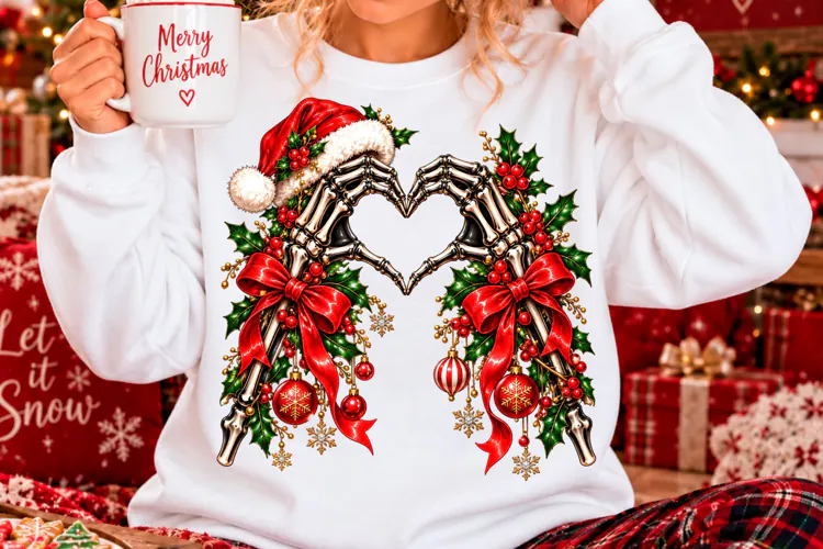 Christmas Skeleton Heart Hands Sublimation PNG
