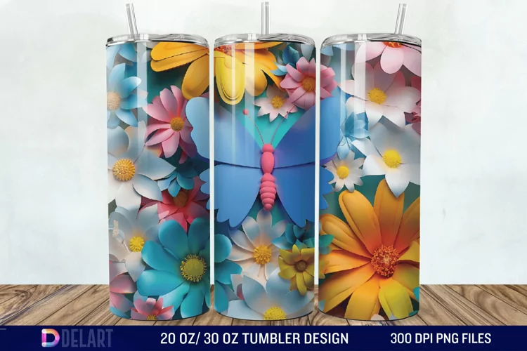3D Flower Butterfly Tumbler Wrap