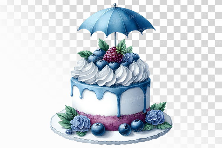 Blueberry Cake with Blue Umbrella Topper and Berries PNG