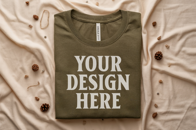Heather Olive Bella Canvas 3001 Flat Lay T-Shirt Mockup