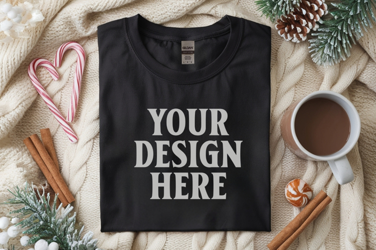 Gildan 5000 Black Folded Christmas Mockup, G5000 mockup