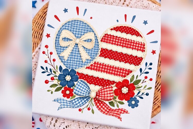 Patriotic Heart PNG, Red Blue Gingham Bow, Coquette 4th of example image 1