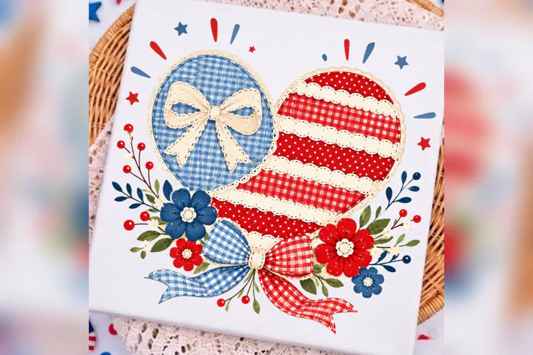 Patriotic Heart PNG, Red Blue Gingham Bow, Coquette 4th of