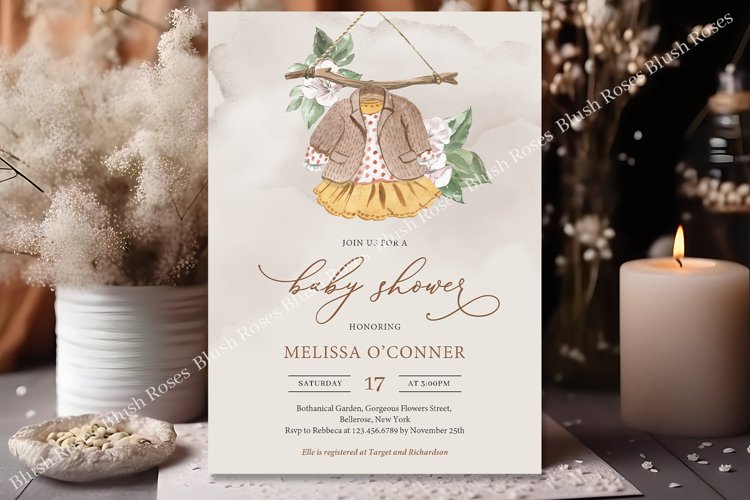Boho mustard dress clothesline blush floral Baby Invite ZB61