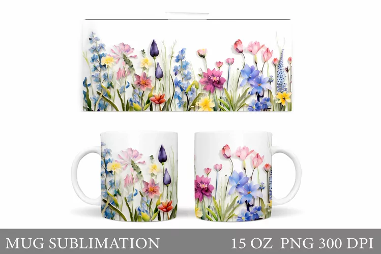 Flowers Mug Wrap Design. Wildflowers Mug Sublimation