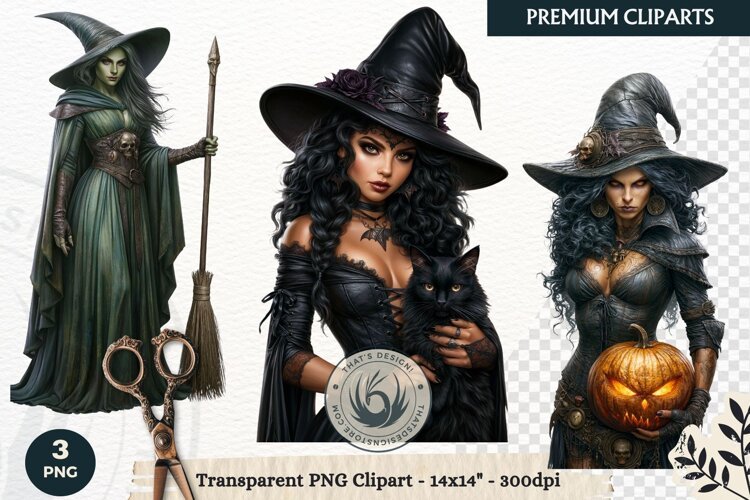 Dark Fantasy Halloween Witches Clipart PNG sublimation example image 1