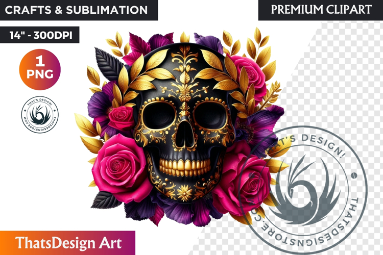 Floral Black Gold Sugar Skull dia de muertos Clipart PNG