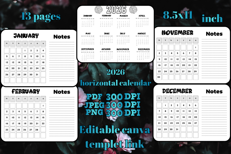 editable 2026 Horizontal calendar with notes 3