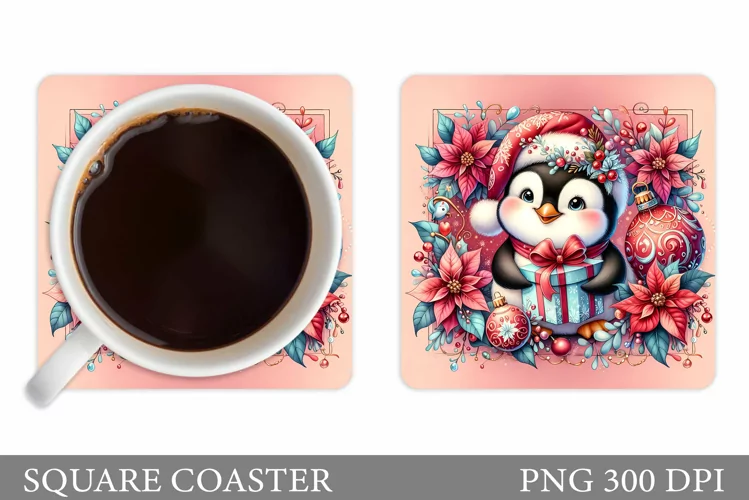 Cute Penguin Coaster Sublimation. Christmas Coaster Design
