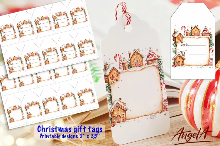 Merry Christmas printable gift tags, retro gingerbread house