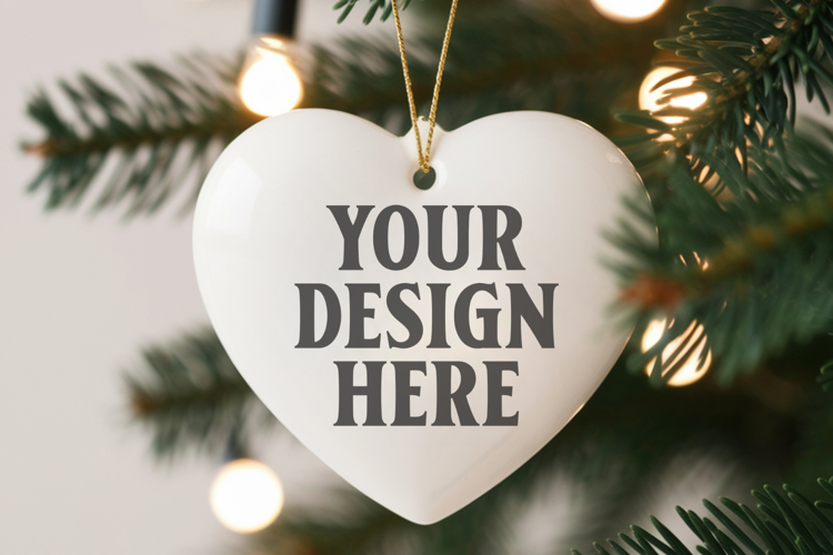 Romantic Christmas Ceramic Heart Ornament Mockup | Holiday