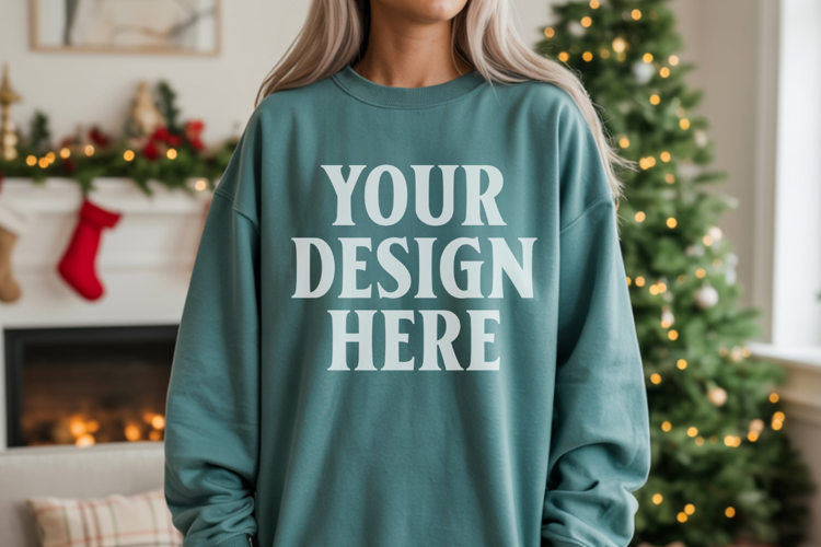 Comfort Colors 1566 Blue Spruce Sweatshirt Mockup Real Model