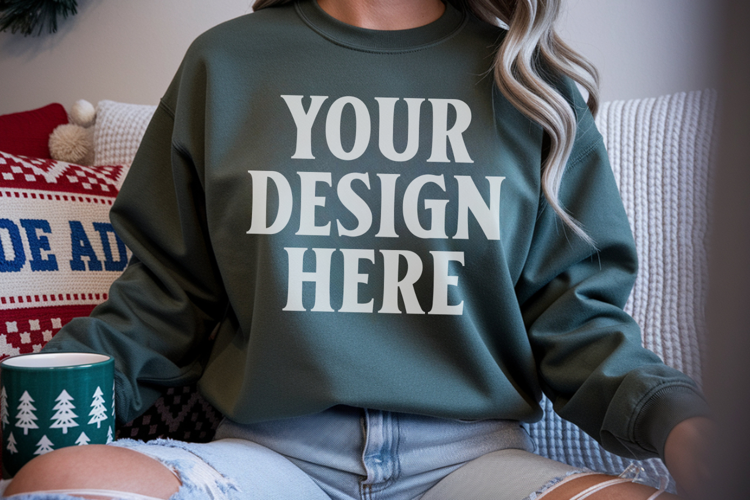 Comfort Colors 1566 Blue Spruce Sweatshirt Mockup, Cozy Boho