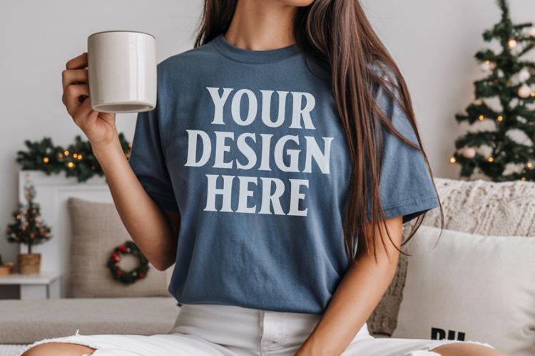 Comfort Colors 1717 Blue Jean Christmas T-Shirt Mockup, Boho