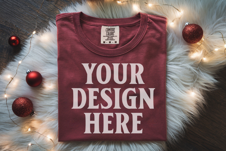 Crimson Comfort Colors 1717 Christmas Folded T-Shirt Mockup