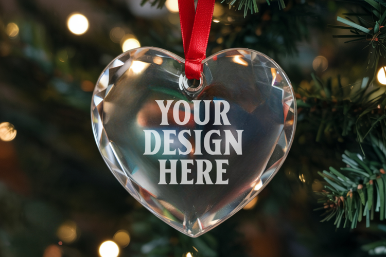 Christmas Heart Crystal Glass Ornament Mockup | Clear Heart